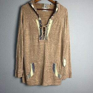 Skönhet Southwestern Boho Hoodie Tunic Top‎ Lace Up Pockets Long SL Casual 1XL
